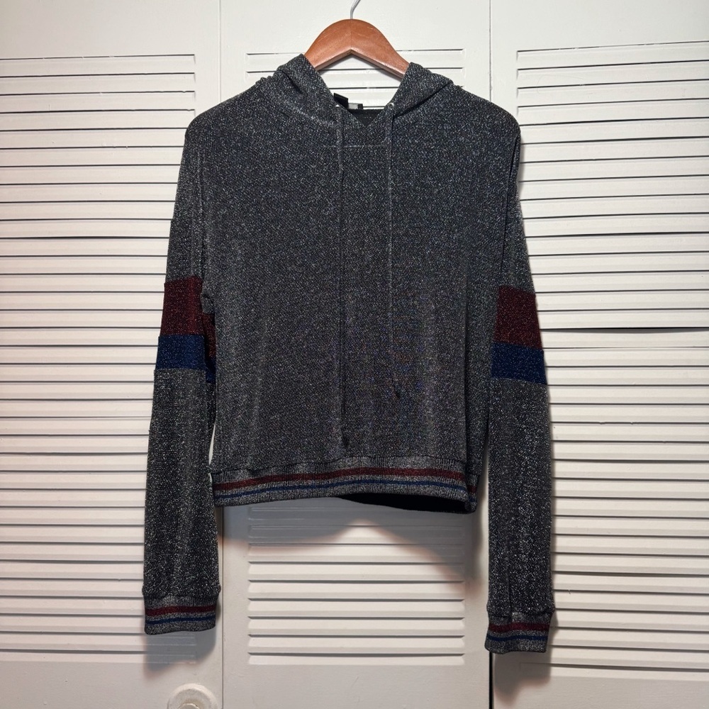 Forever 21 Charcoal Metallic Long Sleeve Hoodie with Striped Sleeves Size S